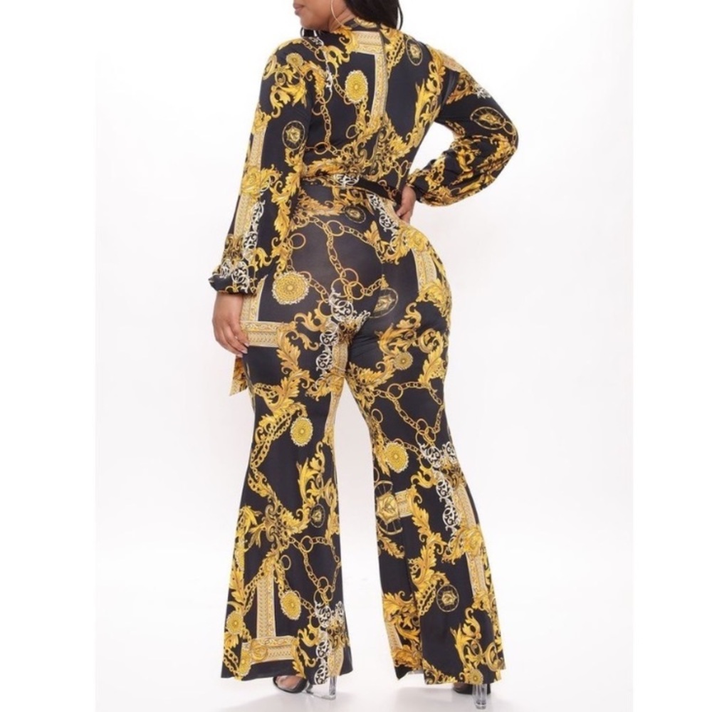 Fashion Nova Black Yellow Gold Chain Print Wide Leg High Status Jumpsuit Gaudy - Picture 8 of 14